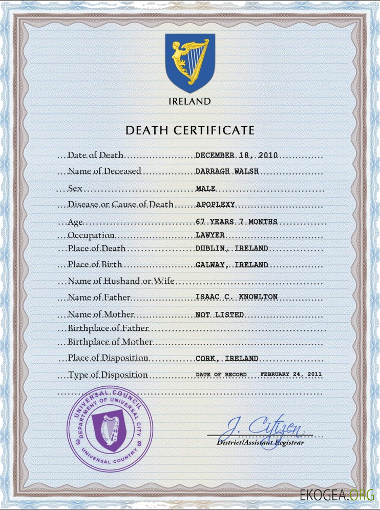 Modèle PSD de certificat de décès d'état civil d'Irlande